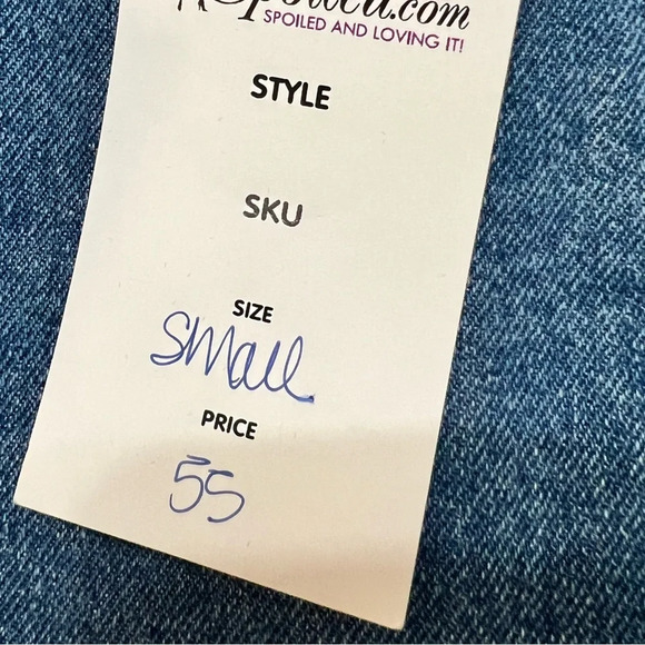 Vibrant MIU Distressed Denim 3/4 Sleeve High Low Dress.‎ Size Small. NWT. - Picture 9 of 12